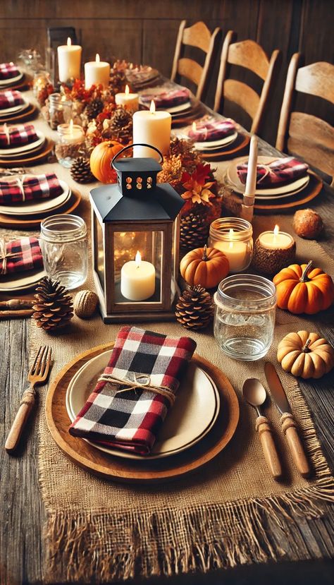 Cabin Table Centerpiece, Plaid Plates, Farmhouse Thanksgiving Table, Thanksgiving Table Setup, Thanksgiving Dinner Table Setting, Diy Thanksgiving Centerpieces, Thanksgiving Fit, Wooden Flatware, Thanksgiving Dinner Table Decorations