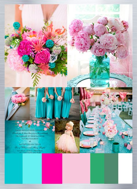 Teal Blue And Pink Wedding, Hot Pink And Turquoise Wedding, Teal And Pink Wedding Colors, Tiffany Blue And Pink Wedding, Wedding Color Palette 2023, Turquoise And Pink Wedding, Color Schemes Spring, Color Palette 2023, Turquoise Coral Weddings