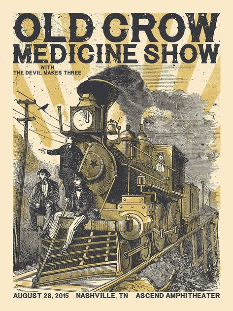 Old Crow Medicine Show Poster, Ascend Amphitheater, Nashville, TN | Crows, Nashville and Concert ... Rock Poster Design, Crow Medicine, Old Crow Medicine Show, Show Posters, Old Country Music, Concert Poster, Cow Bell, Meet New People, Rock Posters