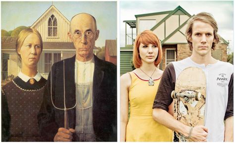 “American Gothic” by Grant Wood / Remake by Jesse John Hunniford #Skateboard #Skater #California Gothic Photoshoot, American Gothic Parody, Grant Wood American Gothic, Social Media Challenges, Grant Wood, American Gothic, Art Parody, Getty Museum, Classic Paintings