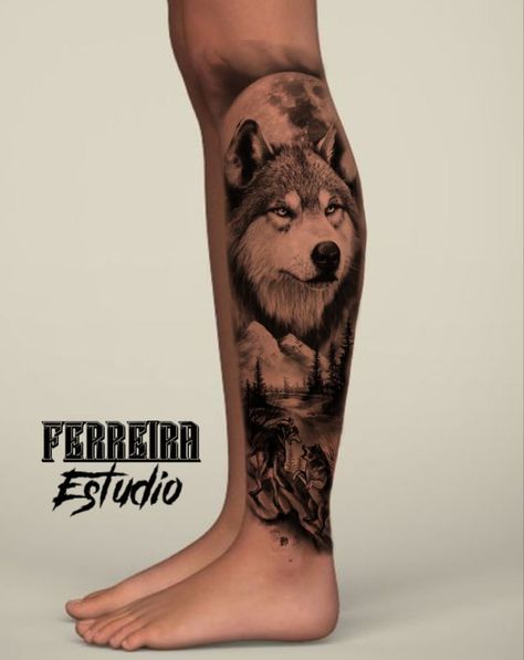 Wolf Tattoo Calf, Wolf Leg Tattoo Men, Wolf Calf Tattoo Men, Lp Tattoo, Wolf Girl Tattoos, Calf Sleeve Tattoo, Calf Tattoos For Women, Calf Tattoo Men, Tattoo Perna