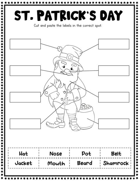 St. Patrick's Day worksheet with a Leprechaun to be labeled St Patrick Writing Activities, St Patrick’s Day Worksheets Kindergarten, Saint Patricks Activities, St Patrick’s Day Elementary, Saint Patrick’s Day Worksheets, St Patricks Day Anchor Chart, St Patricks Day Worksheets Kindergarten, St. Patrick’s Day Worksheet, Saint Patricks Day Worksheet