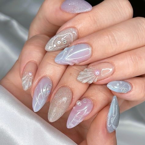 ᥫ᭡ underwater 𓇻 ₊˚ something so soothing with these colours 😌💜 June/July Mermaid special on Medium Almond Gelx #naildesign #nailart #nailinspo #mermaidnails #beachnails #summernails #magnetnails #chromenails #nails2inspire #trendynails #gelxnails #gelxinspo Mermaid Nails Almond, Almond Nails Mermaid, Mermaids Nails, Short Almond Gel Nails, Mermaid Inspired Nails, Nails Medium Coffin, Nails Mermaid, Mermaid Nail Art, Mermaid Nail