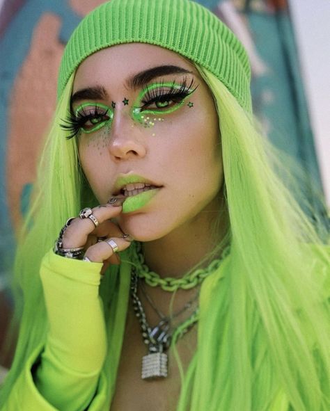 Xepher Wolf, Cyberpunk Makeup, Neon Green Hair, Halloween Make-up Looks, Concert Makeup, Punk Makeup, Bunny Tattoos, Neon Makeup, Wig Lace Front