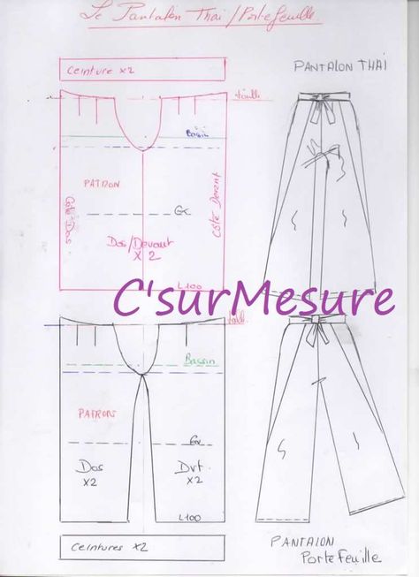 patronnage et dessin des pantalons thai et portefeuille! Pantalon Thai, Sewing Pants, Pants Sewing Pattern, Couture Mode, Creation Couture, Sewing Design, Diy Sewing Clothes, Drafting Patterns, Crochet Skirt