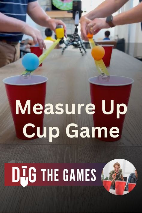 Grab four cups and put two cups on each end of a measuring tape opened to about three feet. Then get five ping pong balls in two of the cups and play a competition see who can get their cup filled with their ping pong balls before the other person. Whoever fills their cup first wins the game. Watch the video link for video instructions. Games With Ping Pong Balls, Ping Pong Ball Games, Elementary Games, Cup Challenge, Ping Pong Games, Youth Group Activities, Xmas Games, Game Watch, Reunion Games