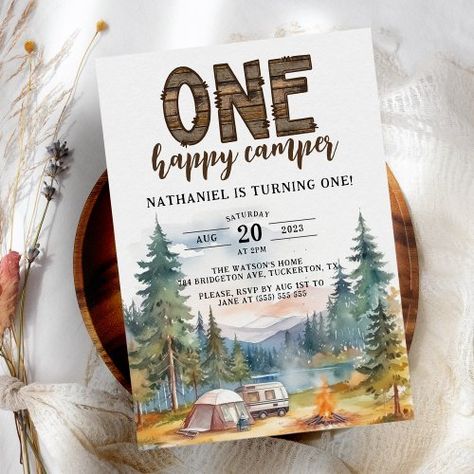 $1.98 | One Happy Camper Rustic 1st Birthday - rustic, 1st birthday, mountains, forest, winter, one happy camper, wood, camping, boy, one happy camper 1st birthday One Happy Camper, Rustic Birthday, Retirement Invitations, 1st Birthday Party Invitations, Woodland Baby Shower Invitations, 1st Birthday Invitation, Invitation Baby Shower, Rustic Invitations, 1st Birthday Invitations