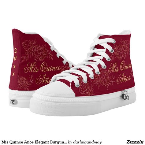 Mis Quince Anos Elegant Burgundy Gold Quinceanera High-Top Sneakers Quinceanera Sneakers, Red Quince Theme, Quince Outfits, Red And Gold Quince, Red Quinceanera Ideas, Charro Theme, Quince Planning, Quinceanera Stuff, Gold Quinceanera