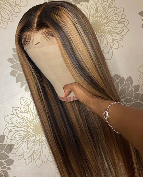 Brown And Blonde Hair Wig, Peanut Butter Hair Color Highlights, Blonde Black Brown Hair, Blonde Highlights Wigs Black Women, Hair Couler Ideas, Brown Hair With Highlights Wig, Wig With Highlights Black Women, Blonde To Brown Balayage, Honey Blonde Highlights On Black Hair