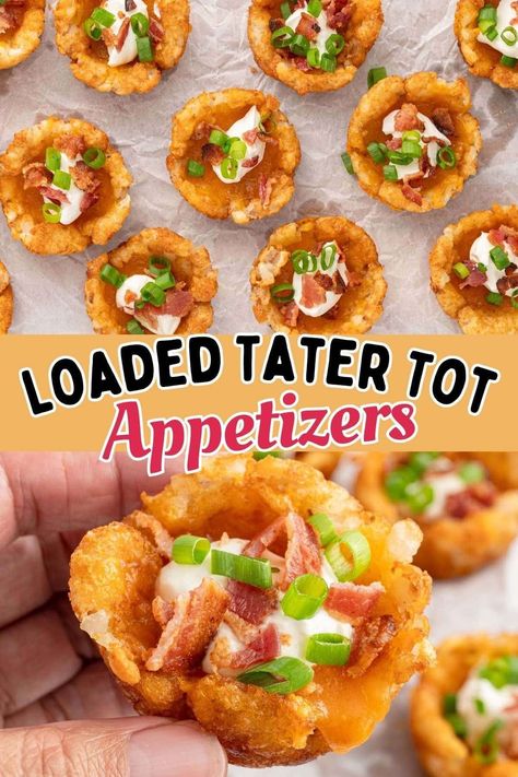 Loaded Tater Tot Cups turn plain potato puffs into crispy, bite-sized snacks stuffed with shredded cheese, bacon, sour cream, and scallions. They're the perfect finger food for parties and game day gatherings! Tater Tot Appetizers, Loaded Tater Tots, Hot Appetizers, Savory Pies, Appetizers Easy Finger Food, Delicious Appetizer Recipes, Best Appetizer Recipes, Recipes Appetizers And Snacks, Appetizer Bites