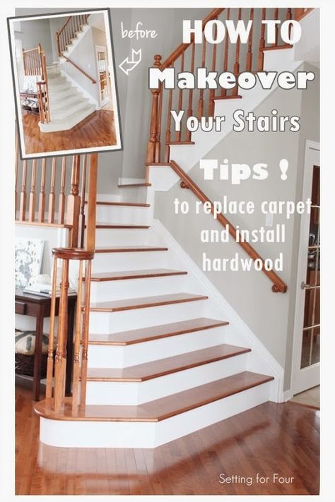 How to Makeover Your Stairs & Tips to Replace Carpet and Install Hardwood - lots of step by step photos and tips! Replace Carpet, Stair Makeover, Hardwood Stairs, Stairs Makeover, Staircase Makeover, Makeover Before And After, Stair Case, Carpet Stairs, Home Repairs