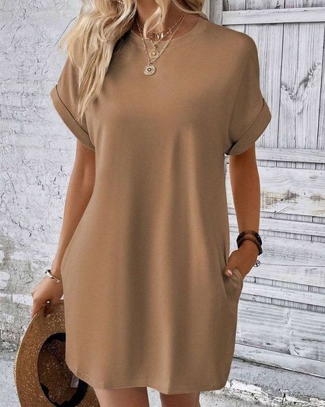 You're gonna love this 😍 A Everyday Short Sleeve Mini Tshirt Dress 😍 starting at only $27.99 View Product Details and Availability ► Find the link in our bio + SHOP ◀︎ Affordable. Intentional. Style. #brightermanner Sleeves Clothing, Round Neck Dresses, Khaki Dress, Crewneck Dress, Style Noir, Short Sleeve Mini Dress, Loose Dress, Medan, Basic Style