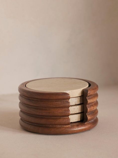 Inspired by the textures and tones that run through Soho House Nashville, our Baylis coasters combine travertine stone with a smooth walnut-stained holder for a play on textures. Handcrafted in India by skilled artisans, use to display on your coffee table or dining table. Each one features protective feet on the base to avoid scratching natural surfaces such as glass or wood. Soho Home Baylis Travertine Coasters | Set of 4 Travertine Coasters, Rental Kitchen Decor, Coastal Cozy, Natural Surfaces, Whisky Collection, Whisky Set, Street Accessories, Marble Price, Rental Kitchen