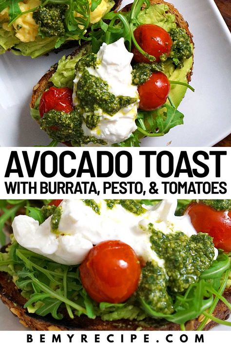 Avocado Toast with Burrata, Pesto, and Roasted Tomatoes Blt Avocado Toast, Avocado Toast With Burrata, Burrata Avocado Toast, Avocado Toast Charcuterie Board, Toast With Burrata, Avocado Tomato Toast, Pesto Breakfast, Breakfest Ideas, Fresh Basil Pesto