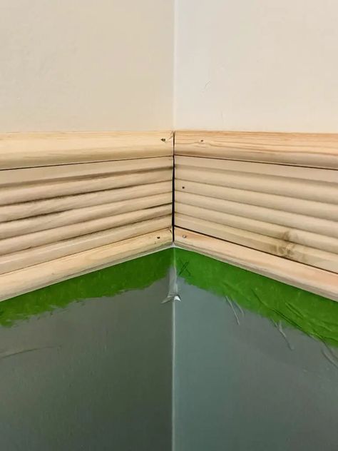 Fluted Moulding Wall, Half Round Moulding Wall, Fluted Chair Rail, Diy Fluted Wall, Vintage Gender Neutral Nursery, Fluted Moulding, Half Bathroom Wall Decor, Bath Caddy Wooden, Fluted Molding