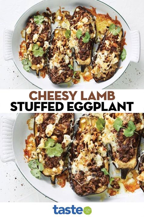 Cheesy lamb-stuffed eggplant Eggplant Boats, Ground Lamb Recipes, Stuffed Eggplant, Ground Lamb, Eggplant Recipes, Lamb Recipes, Eggplant, Food Inspiration, Feta