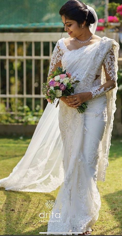 Wedding Saree White Christian, Christian Wedding Sari, Wedding Saree Christian Brides, Indian Christian Wedding Saree, White Sarees For Wedding, Christian Wedding Saree Collection, Buddhist Bride In White Saree, Parsi Bride, White Saree For Wedding