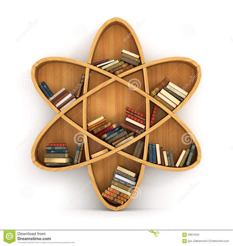 Illustration about Concept of training. Wooden bookshelf in form of atom. Science about human. Physics. A human have more knowledge. Illustration of science, study, encyclopedia - 59815253 Aesthetic Bookshelf, Kule Ting, Bookshelf Lighting, Creative Bookshelves, مشروعات العلوم, Science Decor, Wooden Bookshelf, Bookshelf Design, Bookshelf Styling