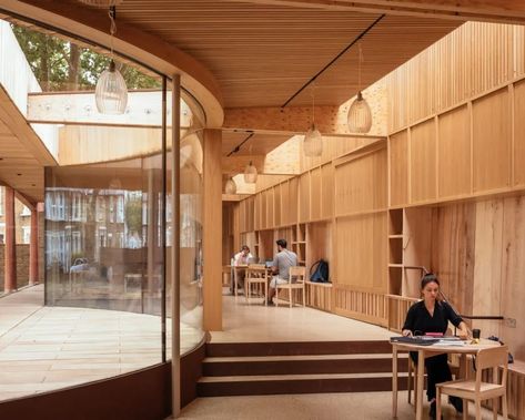 Studio Weave adds wood-lined community space to Lea Bridge Library Library Pavilion, Precast Concrete Panels, Studio Weave, Laminated Veneer Lumber, Timber Battens, Glazed Walls, Paved Patio, Timber Door, Community Space