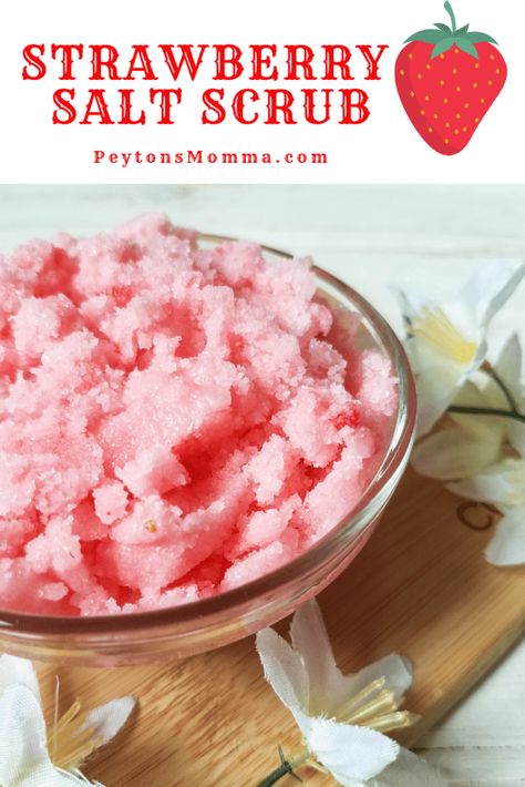 DIY Strawberry Salt Scrub - Peyton's Momma™ Make your own Strawberry Salt Scrub #SaltScrub #Strawberries #Strawberry #StrawberrySaltScrub Witchcraft Bath, Strawberry Candles, Strawberry Business, Strawberry Crafts, Strawberry Soap, Strawberry Stuff, Salt Scrubs, Scrub Diy, Cheap Candles