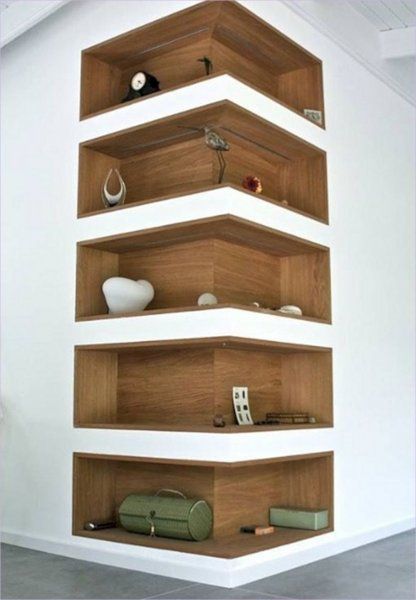 35 Smart Corner Shelf Design Ideas That Will Change Your Room Style - Engineering Discoveries Modern Corner Shelf Design, Modern Corner Shelf, Diy Bookshelf Plans, Diy Corner Shelf, Corner Shelf Ideas, Corner Shelf Design, Shelf Decor Bedroom, Shelves Wood, Shelves Diy