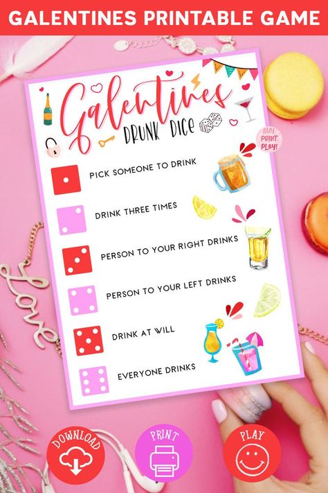 Galentines Party Game Drunk Dice Galentines Party Game, Drunk Dice Game, Girls Night Drinking Games, Drunk Games, Drinking Board Games, Activity For Adults, Ladies Night Party, Galentines Party, Games Printable