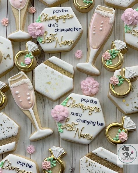 Pop the champagne she’s changing her last name!🙌 * * * #cookiedecorating #ringcookies #champagnecookies #royalicingcookies #instacookies… Pop The Champagne Shes Changing Her Name Bachelorette, Pop The Champagne Shes Changing Her Name Decorations, Petals And Prosecco Theme Cookies, Pop The Champagne Bridal Shower Ideas, Pop The Champagne Shes Changing Her Name, Champagne Glass Cookies, Champagne Cookie, Champagne Cookies, Bachelorette Party Items