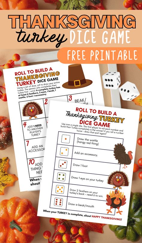 This free printable roll a turkey dice game is one of my kids favorite Thanksgiving games to play after dinner! Just roll the dice, and draw the turkey parts on the blank turkey template! So easy and fun for little ones! Grab the free printable turkey dice game for Thanksgiving now! Roll A Turkey Dice Game Printable, Roll A Turkey Dice Game Free Printable, Candy Dice Game Printable Free, Turkey Ticket, Turkey Template Printable Free, Roll A Turkey Dice Game, Free Printable Thanksgiving Games, Turkey Bingo, Roll A Turkey