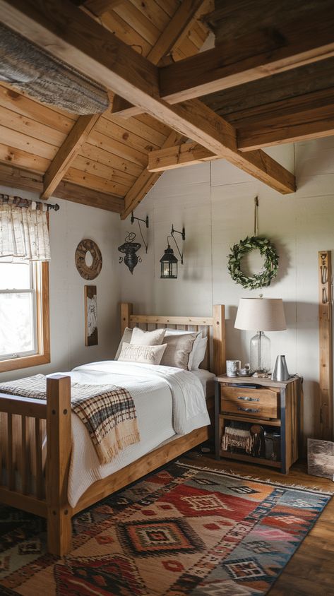 Rustic Grandma Core Bedroom Ideas with vintage wooden furniture Grandma Chic Bedroom, Log Cabin Bedroom, Cottage Core Bedroom, Cottage Core Room, Cabin Bedroom, Embroidery Hoop Wall Art, Warm Colour Palette, Attic Bedroom, Grandma Core