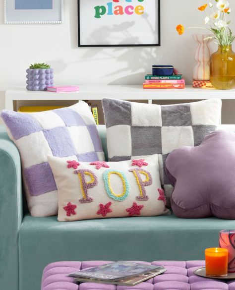 boost your home's happiness with our dopamine decor inspired cushions! 🌈 ⁠ ⁠ quirky shapes, bright colours, and playful prints – your sofa never looked this fun! ⁠ ⁠ ⁠ #homedecor #interiordesign #cushions #sofa #livingroom #lounge Checked Cushions, Fur Fabric, Bed Curtains, Checkerboard Pattern, Faux Fur Fabric, Cushion Pattern, Fur Fabrics, Cushion Filling, Home Decor Lights