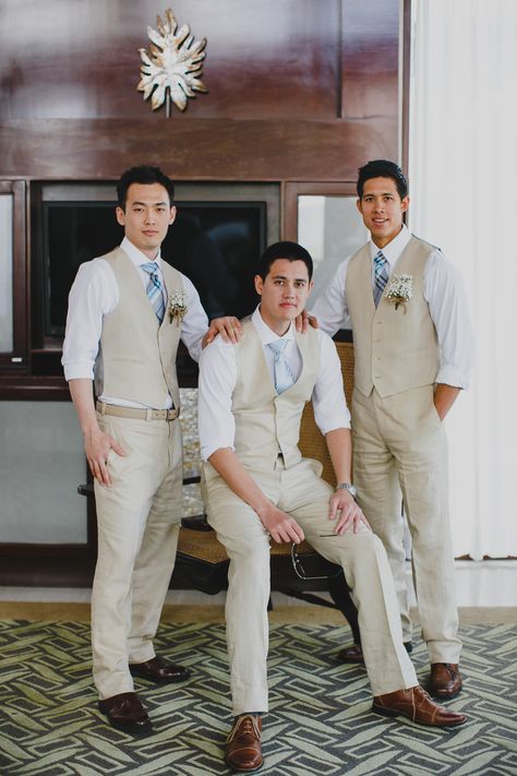 Groom & groomsmen destination wedding outfit : tan linen vest and pants by Calvin Klein , brown shoes, aqua ties and baby's breath boutonniere for rustic wedding Destination Wedding Groomsmen Attire, Destination Wedding Groomsmen, Brown Groomsmen, Beach Groom, Groom Vest, Beach Wedding Groom, Wedding Groomsmen Attire, Vest And Pants, Groomsmen Outfits