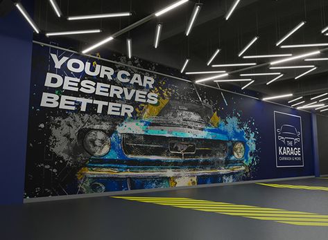 A wallpaper and a lighting cailing Modern Carwash Design, Car Detail Shop, Store Signs Design, Car Wash Posters, Car Wash Systems, Car Detailing Interior, Garage Workshop Plans, Car Shed, Garage Design Interior