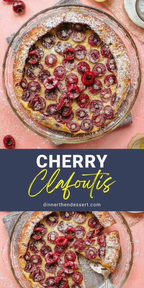 Cherry Clafoutis is a beautiful yet easy classic French dessert recipe. Creamy thick baked custard topped with sliced sweet, fresh cherries. Cherry Recipes Dessert, Clafoutis Recipes, Cherry Clafoutis, Fruit Pancakes, French Dessert Recipes, Classic French Desserts, Simple Desserts, Baked Custard, Custard Desserts