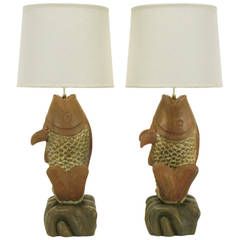 Substantial Pair of Hand-Carved Wood Koi Fish Table Lamps | From a unique collection of antique and modern table lamps at https://www.1stdibs.com/furniture/lighting/table-lamps/ Fish Table, Stone Lamp, Fish Home, Modern Table Lamps, Brass Wood, White Room, Stone Crafts, Wood Interiors, Wood Stone