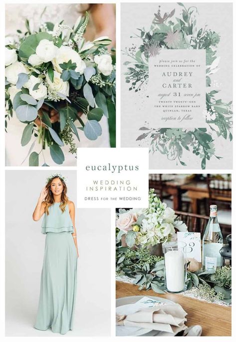 Eucalyptus Wedding Ideas Eucalyptus Green Wedding, Eucalyptus Wedding Decor, Green Wedding Inspiration, Wedding Color Trends, Eucalyptus Wedding Invitation, Eucalyptus Green, Green Wedding Colors, Flowers And Greenery, Spring Wedding Colors