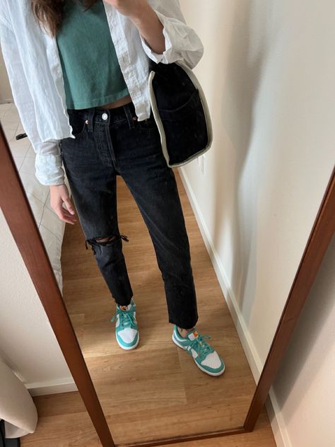 Styling Nike dunk low teal for a casual work outfit How To Style Nike Dunk Low Women, Dunks Work Outfit, Women’s Nike Dunk Low Outfit, Green Nike Dunks Outfit Woman, Low Top Dunks Outfit, Women’s Dunk Low Outfit, Womens Dunk Low Outfit, How To Wear Nike Dunks, Teal Zeal Dunks Outfit