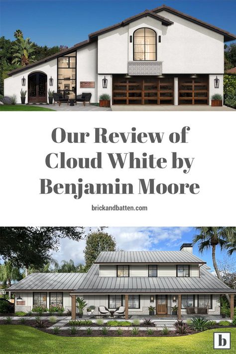 Our show of love for white paint continues as we review another great choice for home exteriors, Cloud White by Benjamin Moore. Reminiscent of vapor clouds, this white creates a calm retreat in many different settings. Our design experts at brick&batten love Cloud White for its versatility and warmth. Check out this post to be inspired and learn more about Benjamin Moore's Cloud White. Cloud White Benjamin Moore Exterior, Benjamin Moore Navajo White, Benjamin Moore Cloud White, Exterior Home Renovation, Benjamin Moore Exterior, Best Exterior Paint, Painted Brick House, Traditional Style Homes, Perfect Paint Color