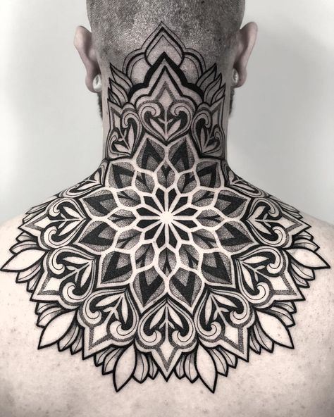 RAIMUNDO RAMIREZ Back Mandala Tattoo Men, Mandala Back Tattoo For Men, Geometry Chest Tattoo, Ornament Chest Tattoo, Mandala Neck Tattoo Men, Mandala Head Tattoo, Mandala Throat Tattoo, Neck Mandala Tattoo, Back Of Head Tattoo