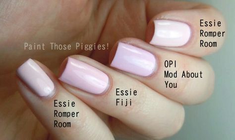 ESSIE ROMPER ROOM is a less purple than OPI MOD ABOUT YOU & one shade lighter than ESSIE FIJI. Pale Pink Nail Polish Swatches/Comparisons. Essie Fiji Nail Polish, Essie Romper Room, Groovy Makeup, Essie Pink, Essie Fiji, Essie Pink Nail Polish, Pale Nails, Gel Manicure Colors, Blush Pink Nails