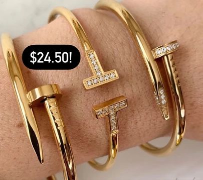 Cartier Nail Bracelet and Tiffany T bangle designer dupes valentines gifts on a budget #LTKunder100 #LTKVDay #LTKunder50 Tiffany Bracelet Stack, Cartier Nail Bracelet, Tiffany Bangle, 2024 Gold, Gifts On A Budget, Tiffany Bracelet, Stacked Bracelets, Nail Bracelet, Tiffany T