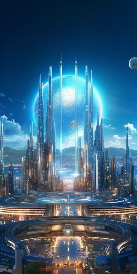 Futuristic Mountain City, Futuristic Cities Sci Fi, Futuristic Arena, Futuristic City Concept Art, Modern Fantasy City, Sci Fi City Futuristic Architecture, Futuristic Castle, Futuristic Town, Futuristic Royalty