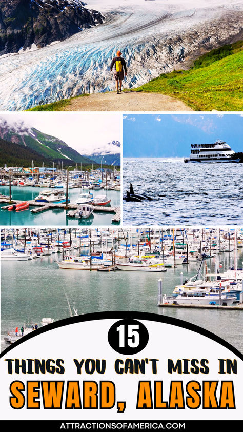 Images of Alaska attractions like Exit Glacier, Icefields and Wildlife Cruise with text overlay reading 15 things you can't miss in Seward, Alaska. Things To Do Alaska, Things To Do In Seward Alaska, Seward Alaska Things To Do In, Seaward Alaska, Alaska Seward, Visiting Alaska, Travel Alaska, Alaska Glaciers, Seward Alaska