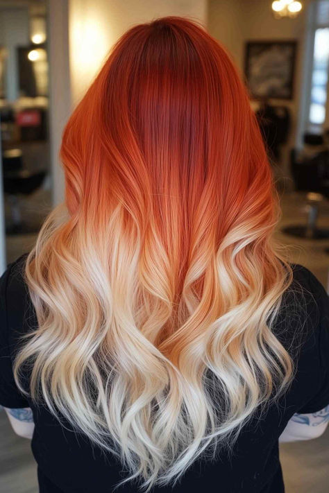 Fiery red to blonde ombre waves, creating a bold and vibrant color transition. Red And Blonde Ombre Hair, Red Blonde Balayage Ombre, Red To Blonde Ombre Hair, Red Blonde Ombre Hair, Fire Ombre Hair, Fall Hair Colors For Blondes, Hair Colors For Blondes, Blonde Ombre Hair, Blonde Ombre Balayage