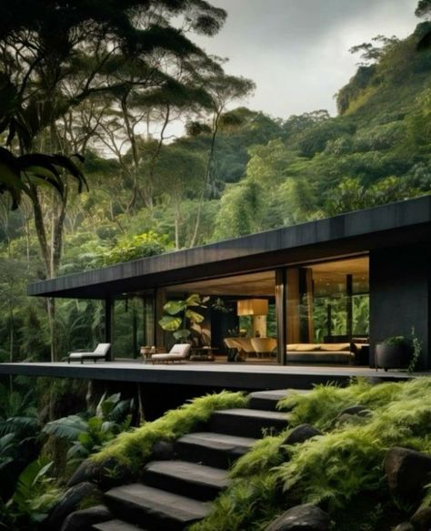 Luxury Villas #exteriordesign #outdoordesign #luxuryhomes #luxuryfurniture #luxurygarden #luxuryhouse #interiordesign #interiordecor #designlovers #luxuryhouse Tropical Brutalism, Jungle House, Earthship Home, Architecture Drawing Plan, House On Stilts, Dark House, Concrete Home, Modern Bungalow, Earthship