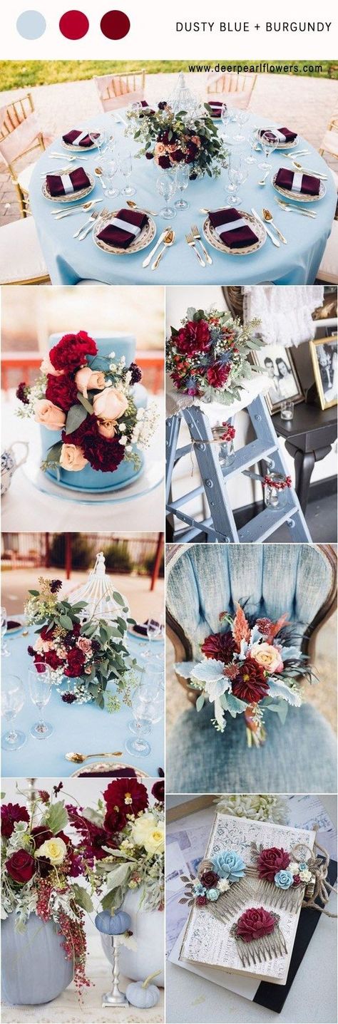 Wedding Color Inspiration: Wine, Burgundy, Blush, Dusty Blue, Silver/Gray Accents Wedding Color Schemes Winter, Burgundy Wedding Colors, Popular Wedding Colors, Wedding Color Combos, Blue And Burgundy, Winter Wedding Colors, Wedding Color Inspiration, Wedding Colors Blue, Wedding Winter