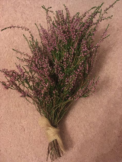 Scottish purple heather bouquet  with hessian ribbon tie - homegrown in the Scottish highlands. This listing is for a dried bouquet however please see my other listings or enquire about a Scottish purple heather dried buttonhole also!  Comes with hessian tie however tartan ribbon ties are available upon request! Please note colour can vary very slightly from the photographs compared to in person. These items are very fragile and rough handling will affect the flower quality. Sent special delivery. Roughly 24cm in length and widest point 15cm. Scottish Flower Bouquet, Borthwick Castle, Heather Bouquet, Flower Confetti Wedding, Wildflower Bridal Bouquets, Lavender Bridal Bouquet, Scottish Flowers, Heather Plant, Heather Flower