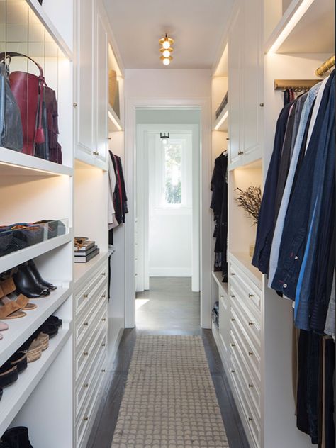 Narrow Walk In Closet Ideas, Scandinavian Closet, Long Narrow Closet, Narrow Walk In Closet, Narrow Closet Design, Walk In Closet Ideas, Narrow Closet, Walk Through Closet, Sliding Cabinet Doors