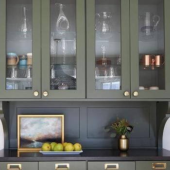 Green Cabinets With Black Countertop Design Ideas Kitchen Sideboard With Glass Doors, Glassware Drawing, Glass Cabinets Kitchen, Kitchen Glass Cabinet, Green Shaker Cabinets, Appliance Storage, Built In China Cabinet, Kitchen Larder, Kitchen Confidential