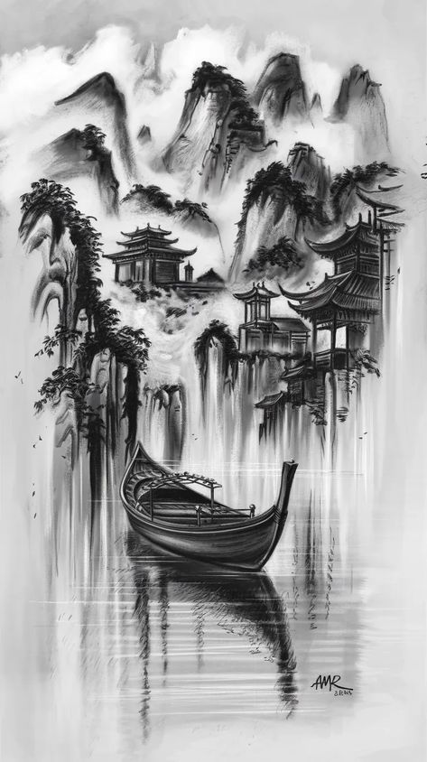 @amrmo75 #ideogram Art Tricks, Charcoal Sketches, Traditional Boats, Misty Mountains, Charcoal Sketch, Charcoal Art, Body Of Water, Asian Design, Commercial Art