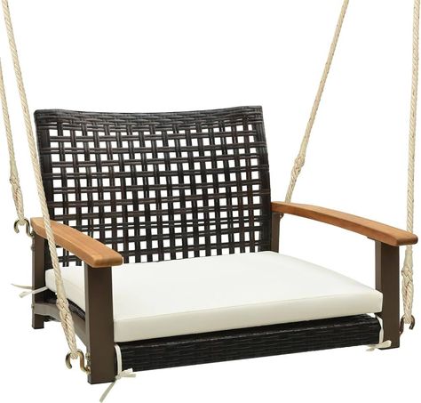 DORTALA Hanging Porch Swing, 1 Person Patio Wicker Swing Chair with Metal Frame, Cushion, Ropes &... | Amazon (US) Hanging Seat, Cozy Cushions, Front Porch Swing, Hanging Seats, Small Porch, Porch Chairs, Swing Chair Outdoor, Hanging Chair Outdoor, Backyard Balcony